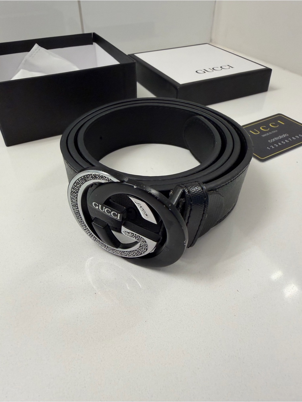 Gucci Black GG Leather Interlocking G Buckle Belt